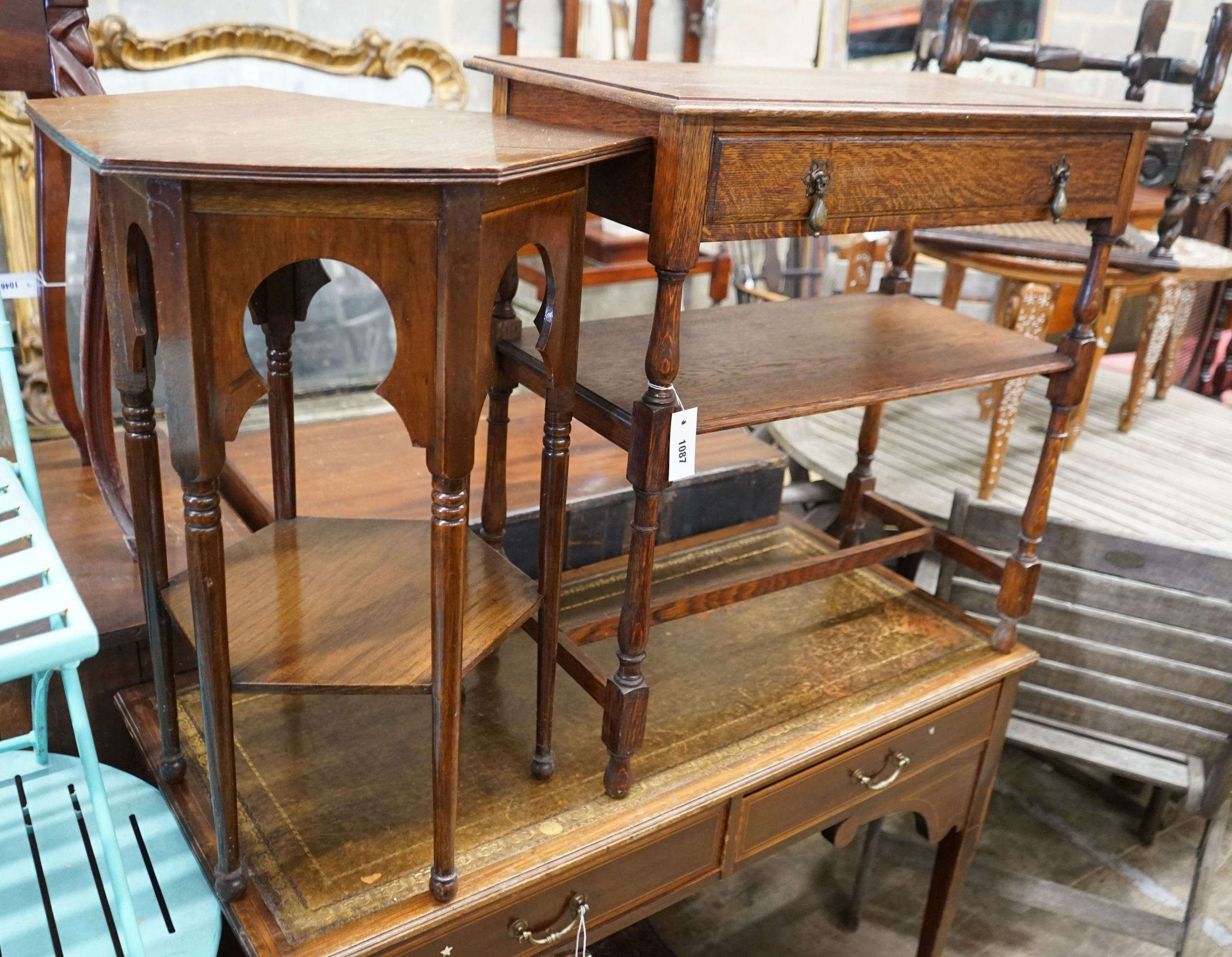 A Liberty style hexagonal oak two tier table, width 47cm, height 71cm together with a rectangular oak two tier table